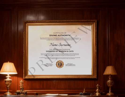 Certificate of Divine Authority: Goddess of Wisdom & Cats | Wisdom and Cats (3 Variations)