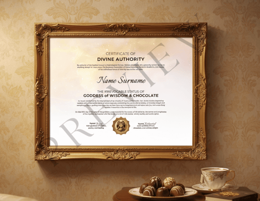 Certificate of Divine Authority: Goddess of Wisdom & Chocolate | Wisdom and Chocolate (3 Variations)