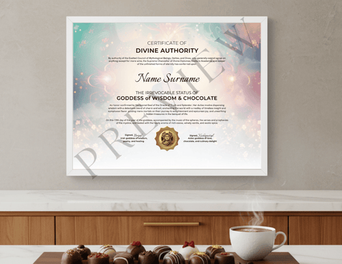 Certificate of Divine Authority: Goddess of Wisdom & Chocolate | Wisdom and Chocolate (3 Variations)